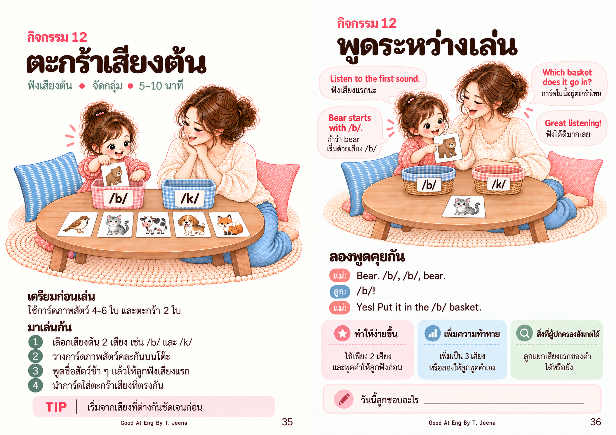 คู่มือเปิดสองหน้าแสดงกิจกรรมตะกร้าเสียงต้น
