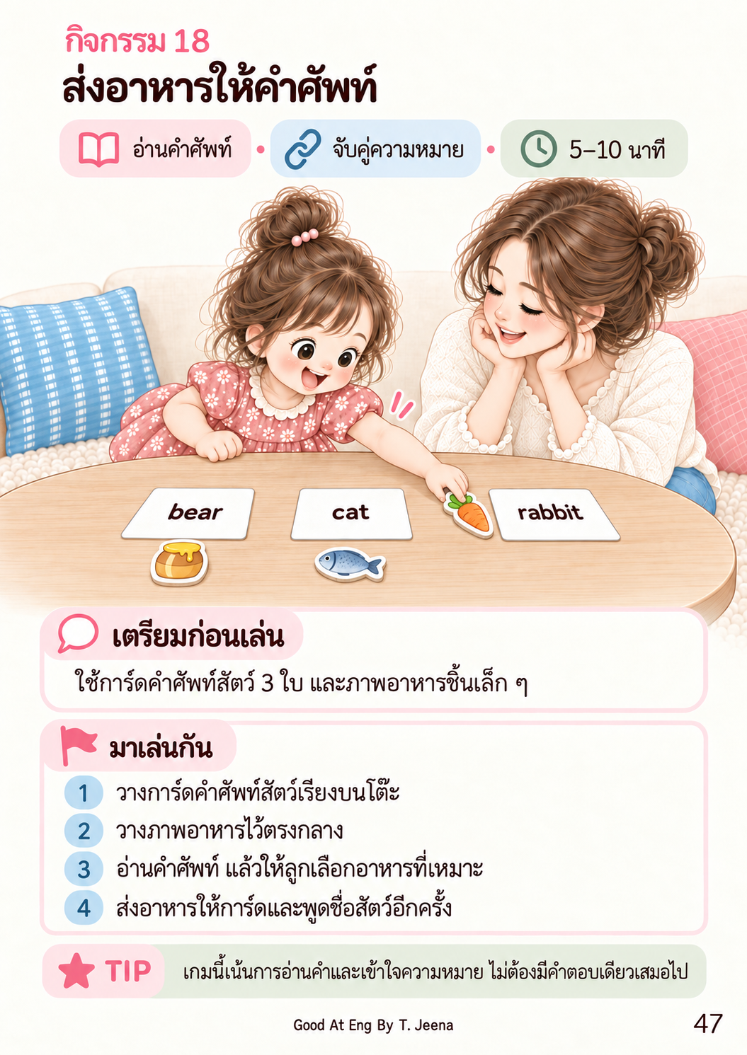 แม่และลูกเล่นจับคู่คำศัพท์สัตว์กับอาหาร